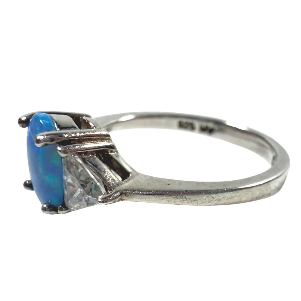 AVON Sterling Silver 925 Blue Lab Opal CZ Three Stone Ring Size 5 Vintage 1990s